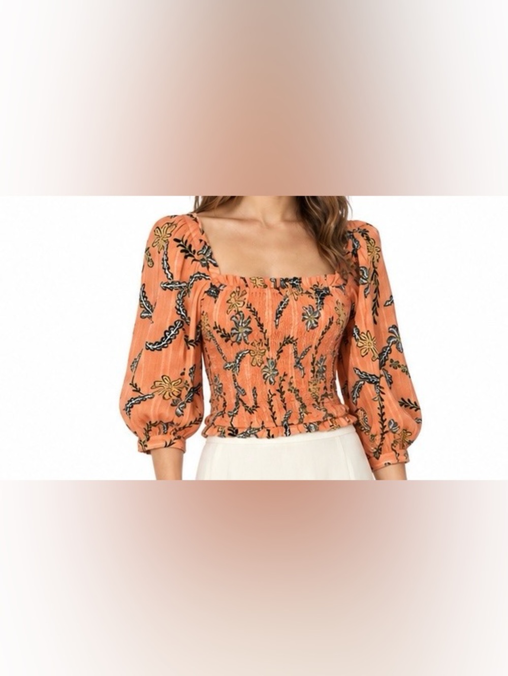 Joie Benison Smocked Floral Puff Sleeve Short Top Orange Small